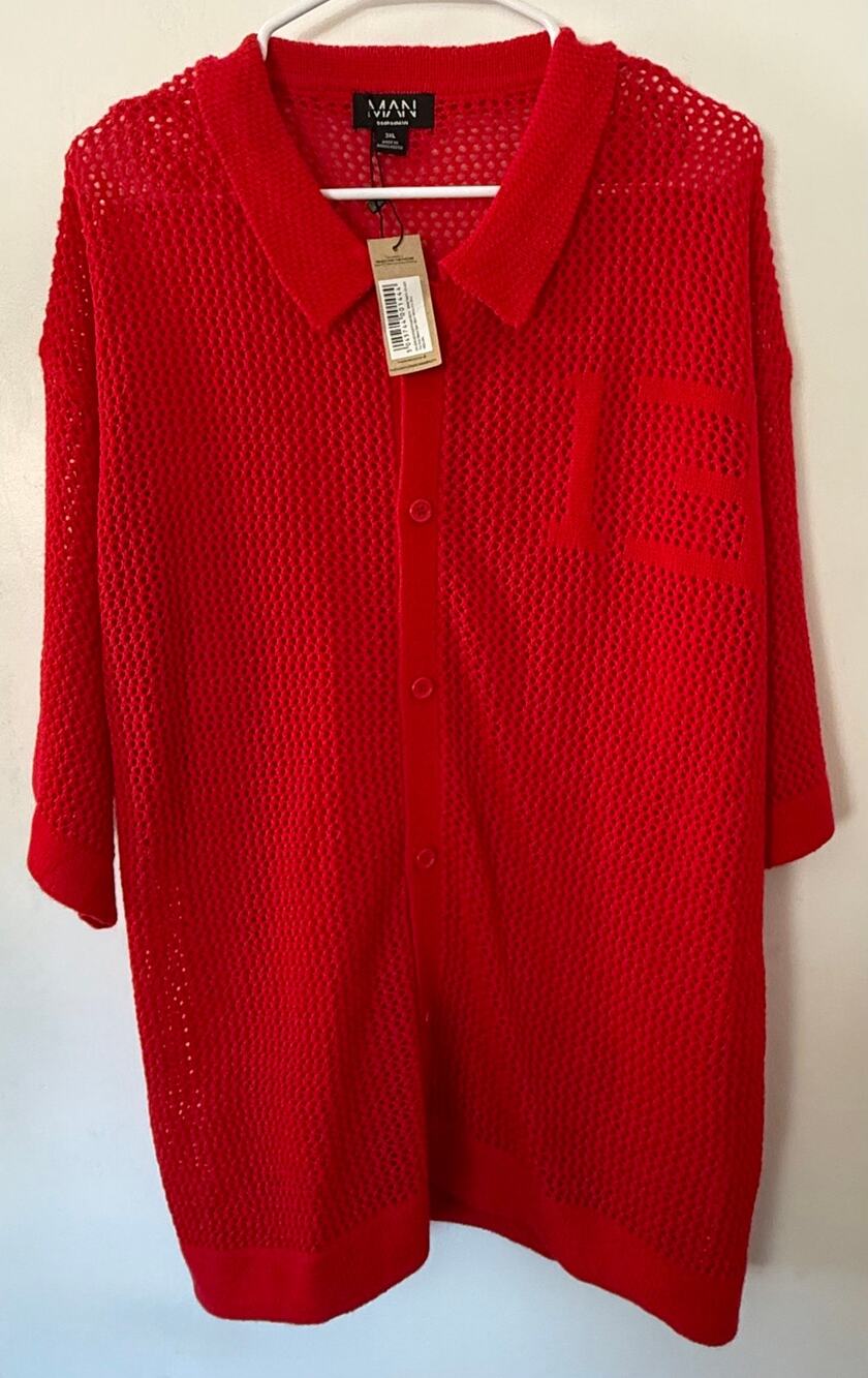 NWT boohooMAN Red Crochet Mesh Short Sleeve Polo Shirt 3XL